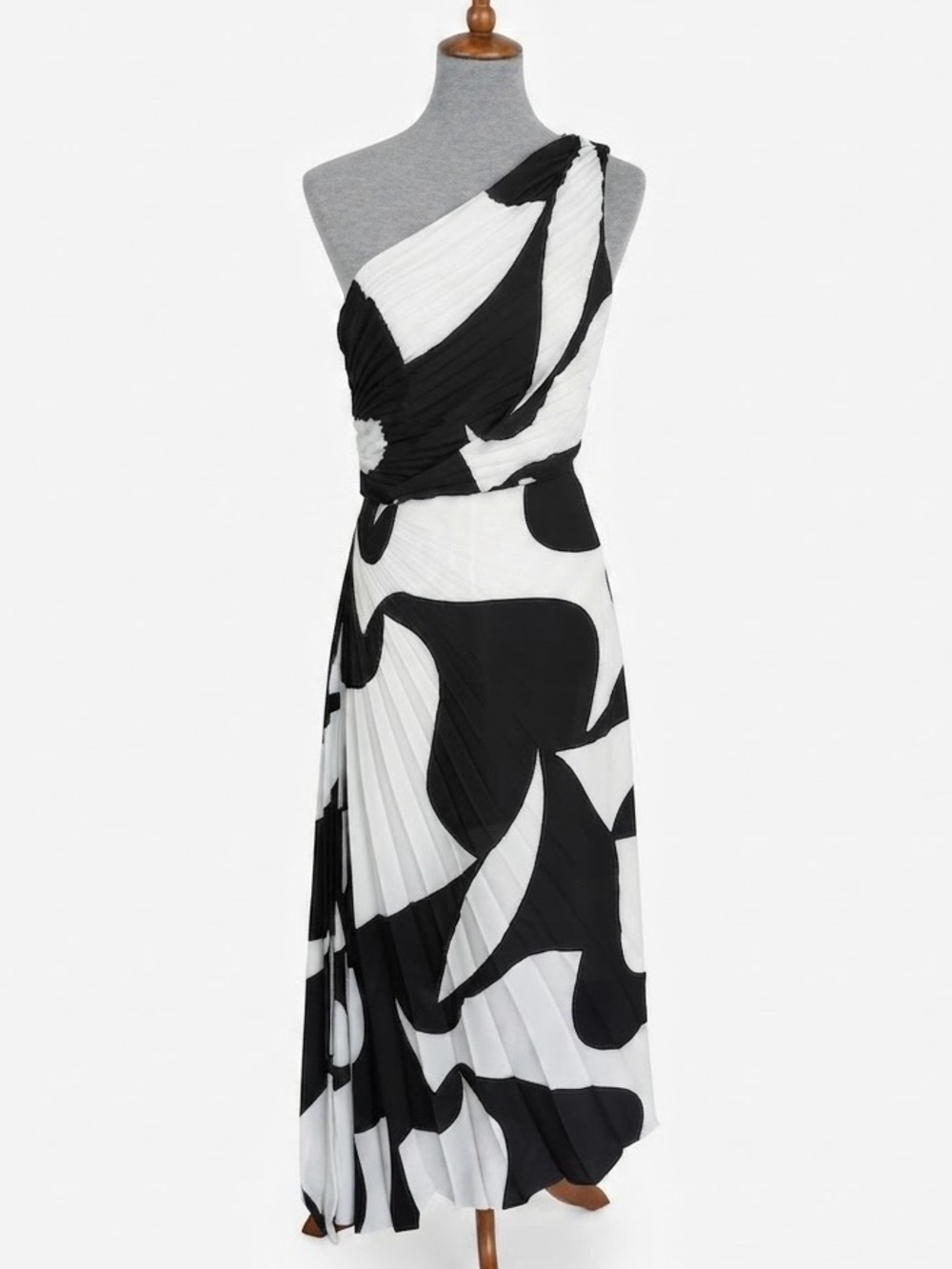 Nicole Miller Black and White One-Shoulder Pleated Maxi Dress